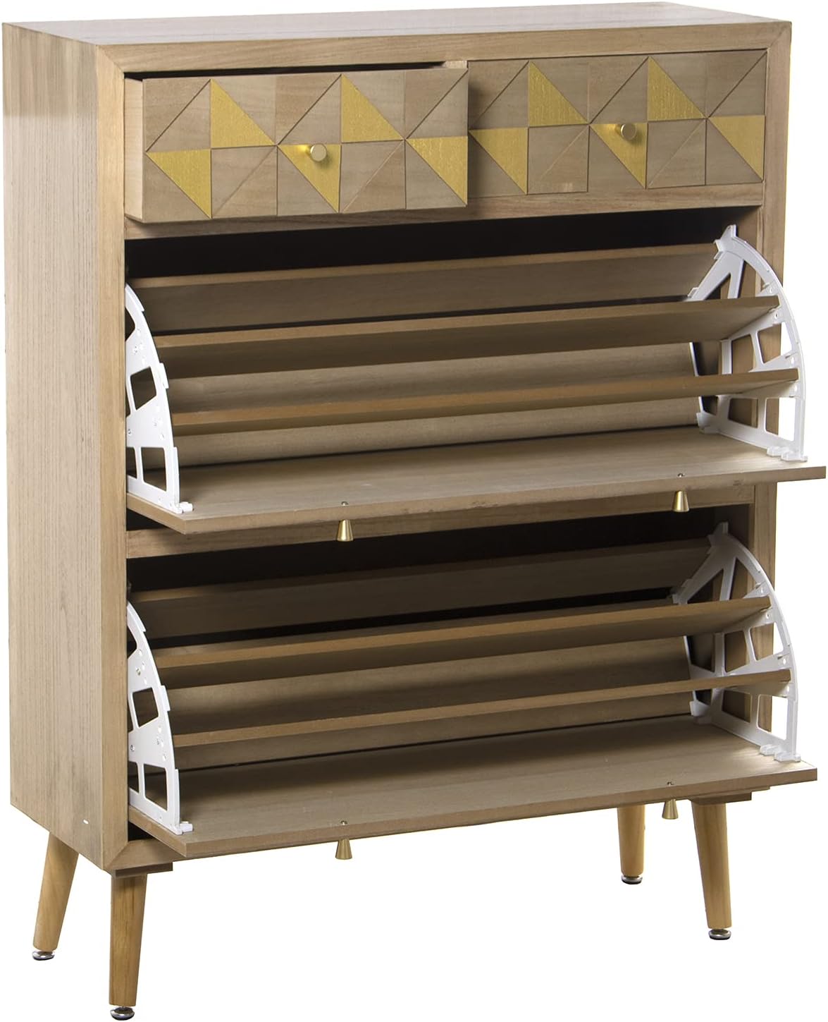 DRW Schoenenkast met 2 laden en 2 deuren van paulownia-hout + MDF en grenenhout, 85 x 30 x 110 cm