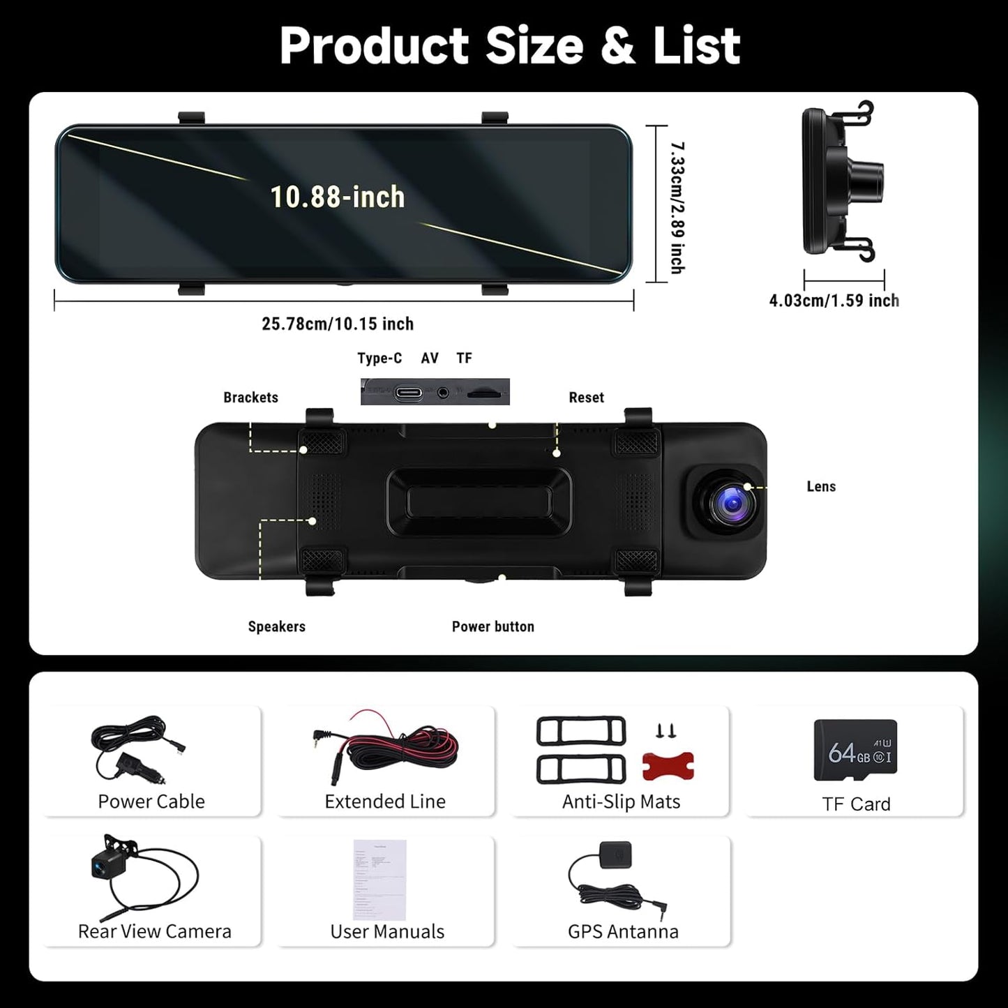 Spiegel-Dashcam – Achteruitkijkspiegel Dashcam, Spiegel Dashcam, Autocamera, Achteruitrijcamera – 10,88 Inch Touchscreen – 4K Voorcamera + 1080p Achtercamera