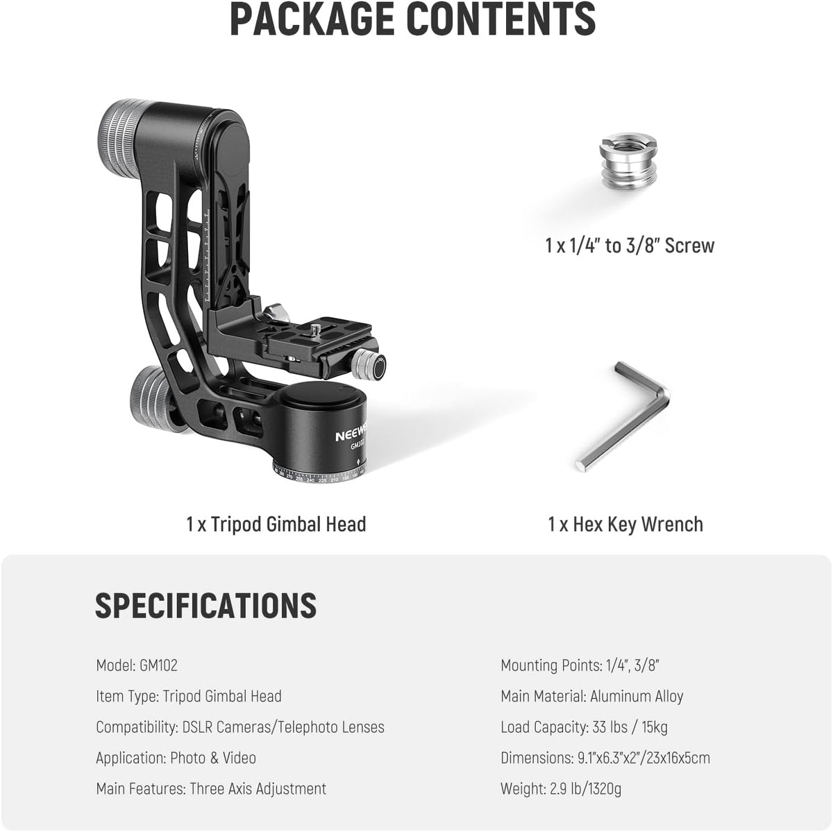 NEEWER GM102 Gimbalkop voor statief, monopod, telelens, 360° panorama-camera-statiefkop, 3-assige instelling, hoogwaardige CNC-aluminiumlegering, Arca-type snelspansysteem, maximaal 15 kg