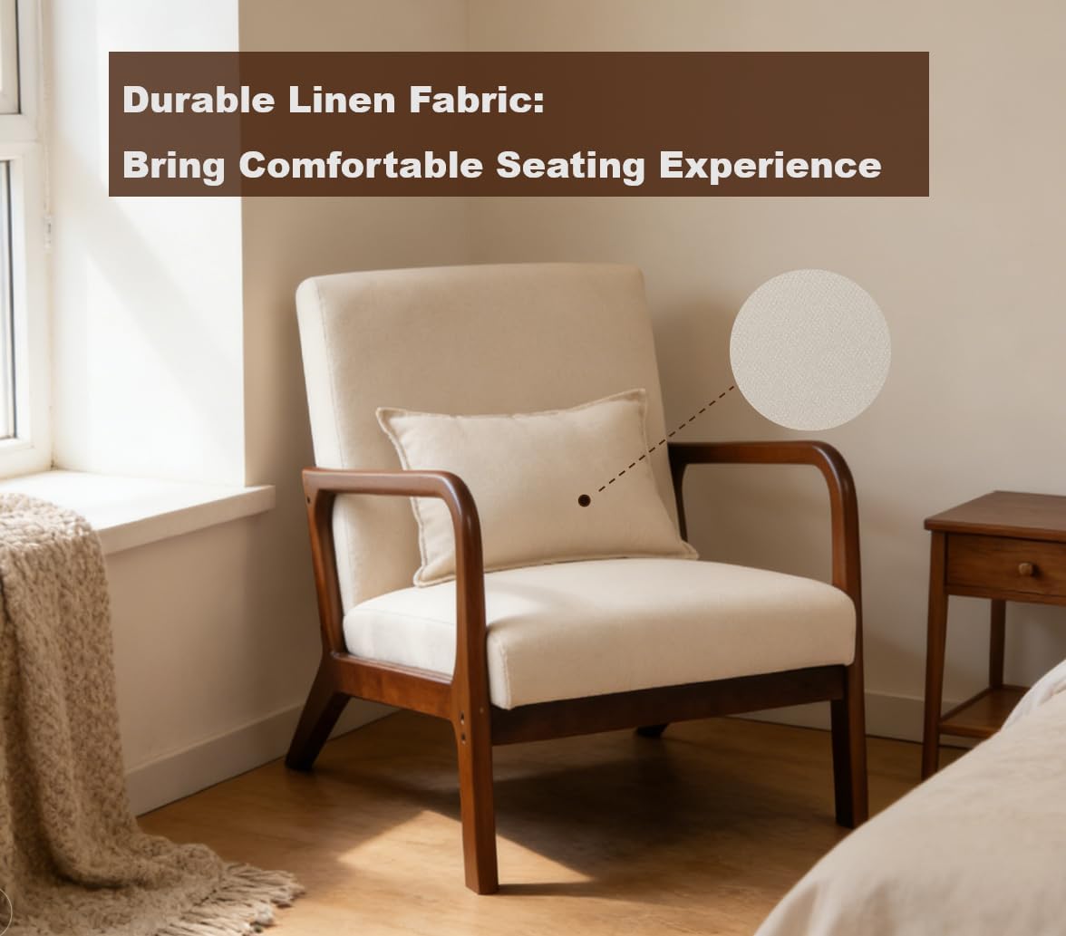 FANTASK Fauteuil, moderne eenpersoonsbank van hout met armleuningen, loungestoel bekleed voor woonkamer, slaapkamer, 65 x 79 x 77 cm, beige