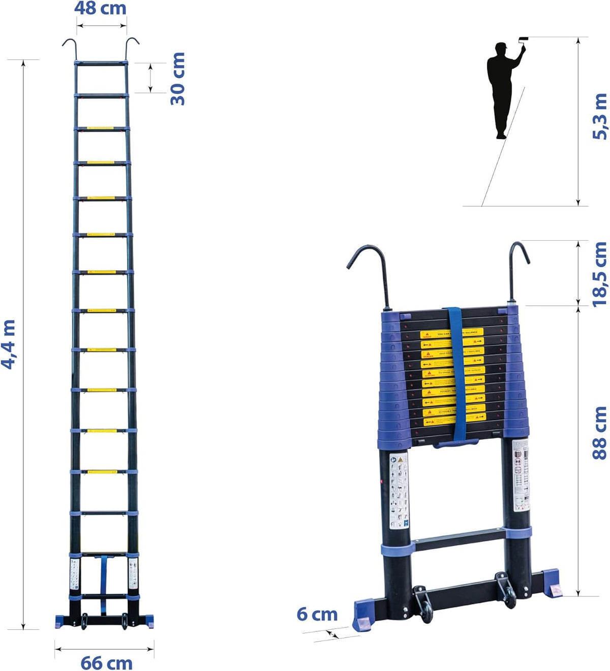 Telescopische ladder, 4,4 m, aluminium, opvouwbaar, uittrekbaar, multifunctioneel, werkhoogte max. 5,3 m, afneembare haken