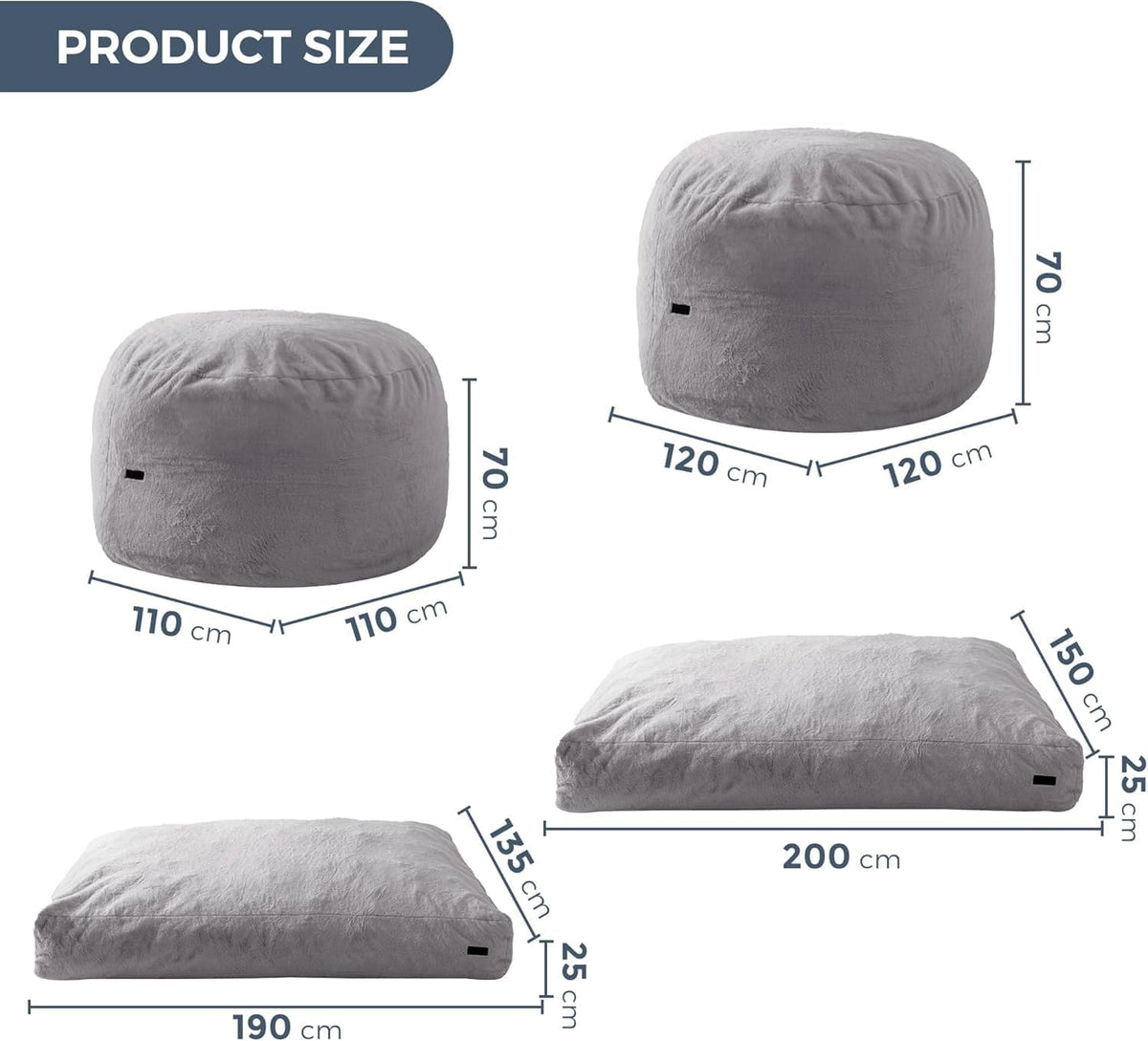 MAXYOYO Bean Bag Bed Convert from Bean Bag to Bed, Foam Bench with Shaggy Cover and Fluffy Filling for Adults, Teenagers and Guests, Grey, 150 x 200 cm