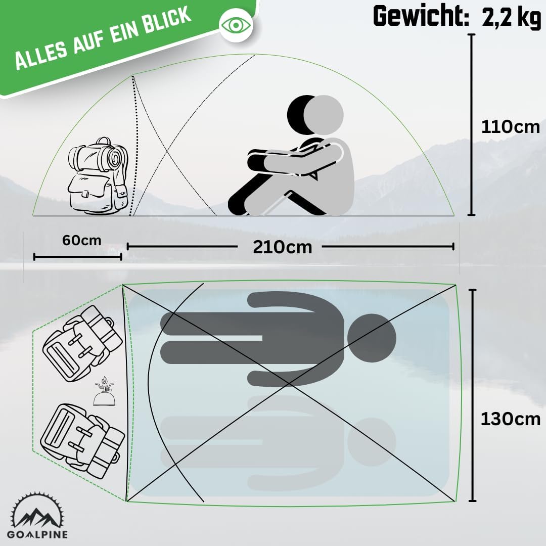 GOALPINE® ESKAPADE II Tent voor 2 grote personen, waterdicht, 4000 mm, kleine verpakkingsmaat, voor wandelen, bergtochten en bikepacking, ultralicht, 3 seizoenen, snelle opbouw