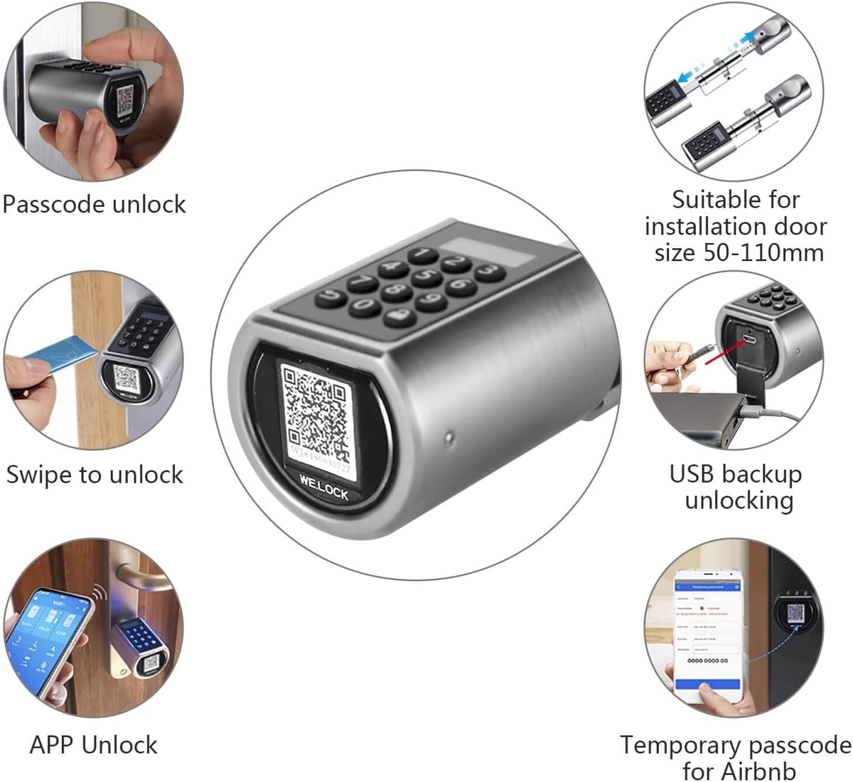 WELOCK PCB01 Elektronische deurslotcilinder Slotcode en Bluetooth met 3 RFID kaarten IP44 incl. waterdichte siliconen hoes