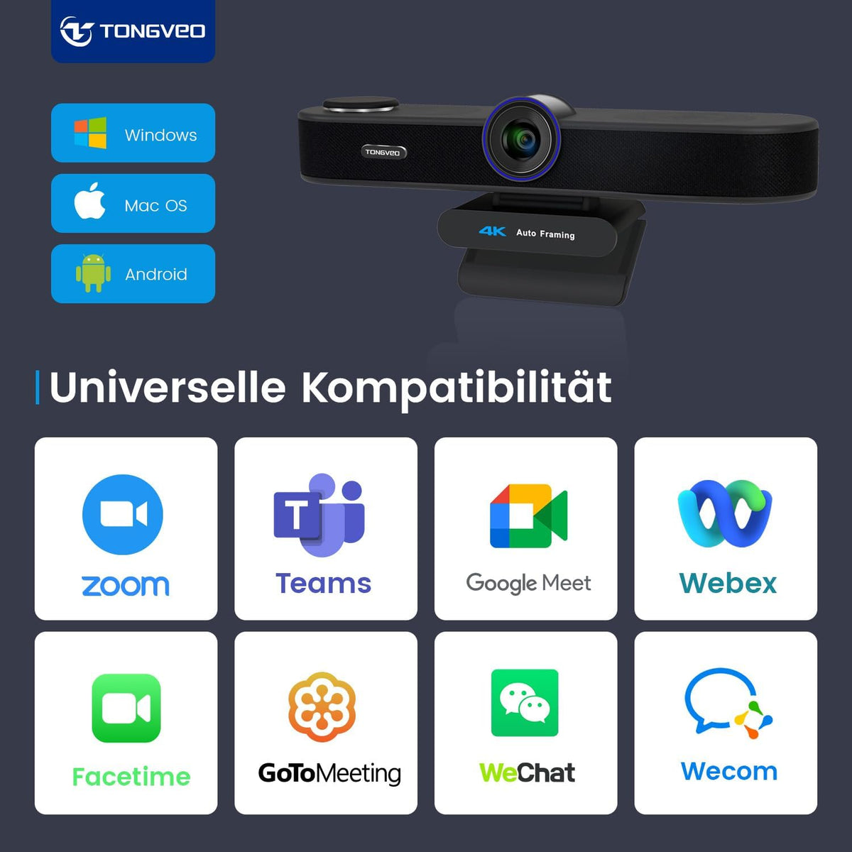 TONGVEO KI Automatische tracking 4K webcam met microfoons en luidsprekers, 5-voudige digitale zoom, ePTZ webcamera met afstandsbediening en twee microfoons, conferentie-webcam voor zoom, Skype, OBS