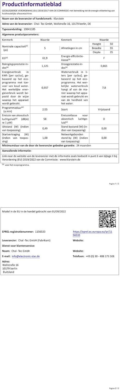 Klarstein Vaatwasser, 5 plafonds, vaatwasservrij, geluidsarm met 6 wasprogramma's, mini-vaatwasser, klein, compact en eenvoudig te installeren