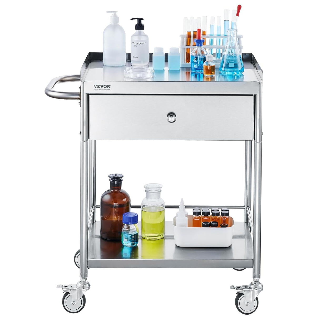 VEVOR 2 Tier Laboratory Cart, Medical Service Car, 71 x 42 x 78.5 cm, Stainless Steel, with Drawer, Load 100 kg, Silent Movement for Clinical Storage, Kitchen, Hotel,