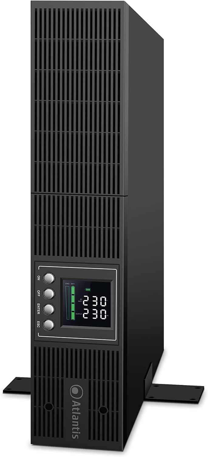 Atlantis A03-OP1302-RC UPS OnLine Online Online Onbreekbare zuivere sinusgolf 1300 VA 900 W, RACK-server, LCD-display, USB, serieel RS-232, 8 IEC-uitgangen, SNMP-sleuf, 2 x 12 V-9 Ah