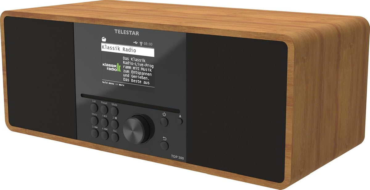TELESTAR TOP 300 – DAB+/internetradio met cd-speler (stereo, 2 × 15 W, streamingdiensten, Bluetooth zend-/ontvangstfunctie, USB-opname, noodwaarschuwingssysteem) – hout