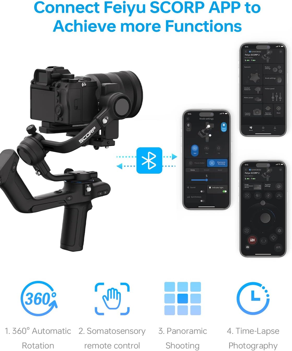 Feiyu Scorp 2 Kit (officieel), stabilisator voor DSLR-camera's van Canon/Sony/Panasonic/Nikon/Fujifilm, 2,5 kg belasting, touchscreen, 13 uur looptijd