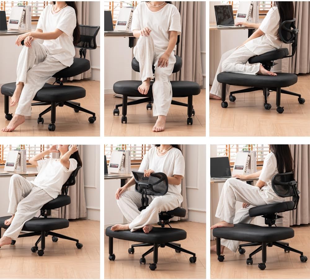 Kruis Legged Chair met wielen, veelzijdige kneelstoel met rugsteun, verstelbare stoel met hoekzitting voor betere houding, dikke comfortabele kussens, zwart