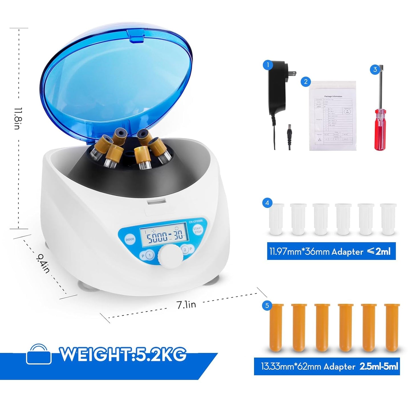 Laboratoriumcentrifuge – Plasmacentrifuge – PRP Centrifuge – Labcentrifuge – Buiscentrifuge – 6 Buisjes, Geschikt Voor 1,5-15 Ml Met Adapters – 300-5000 Rpm, 2600 X G