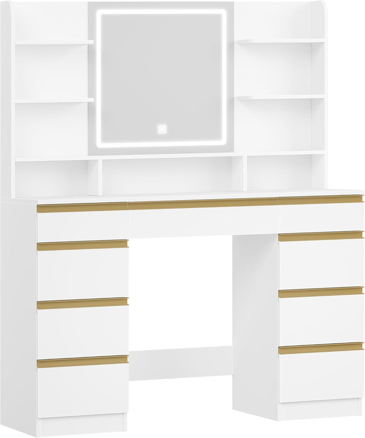 Hzuaneri Large Dressing Table with LED Lights, 3 Colors, Adjustable Brightness, Dressing Table with Mirror, 9 Drawers, 9 Open Shelves, Modern Style, White-Gold DT41903X