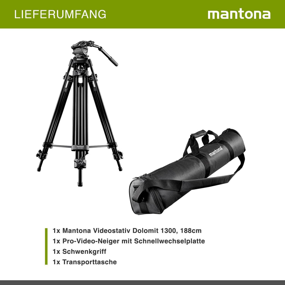 Mantona Dolomit 1300 Videostatief, 188 cm (incl. Fluid Neiger met Waterpas, Quick Release Plaat, Draaibaar Handvat Transporttas) voor DSLR en Videocamera, Zwart