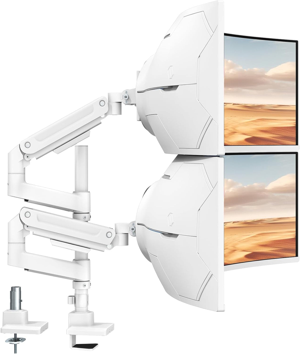 PUTORSEN Monitorhouder 2 monitoren voor 17 tot 49 inch schermen tot 20 kg per arm, extra lange tafelhouder, in hoogte verstelbaar, draaibaar voor optimale ergonomie, VESA 75/100 mm