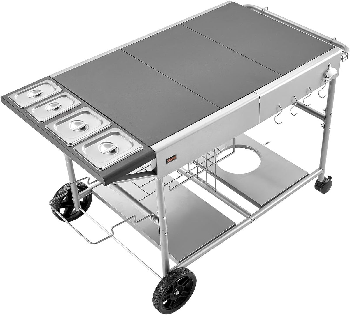 VEVOR Barbecuewagen voor buiten, 925 x 595 x 25 mm (tafelbladgrootte), oprolbare grilltafel met 4 kruidenbakjes & wielen en deksels en haken, barbecue-bereidingstafel, serveerwagen voor picknickkeuken