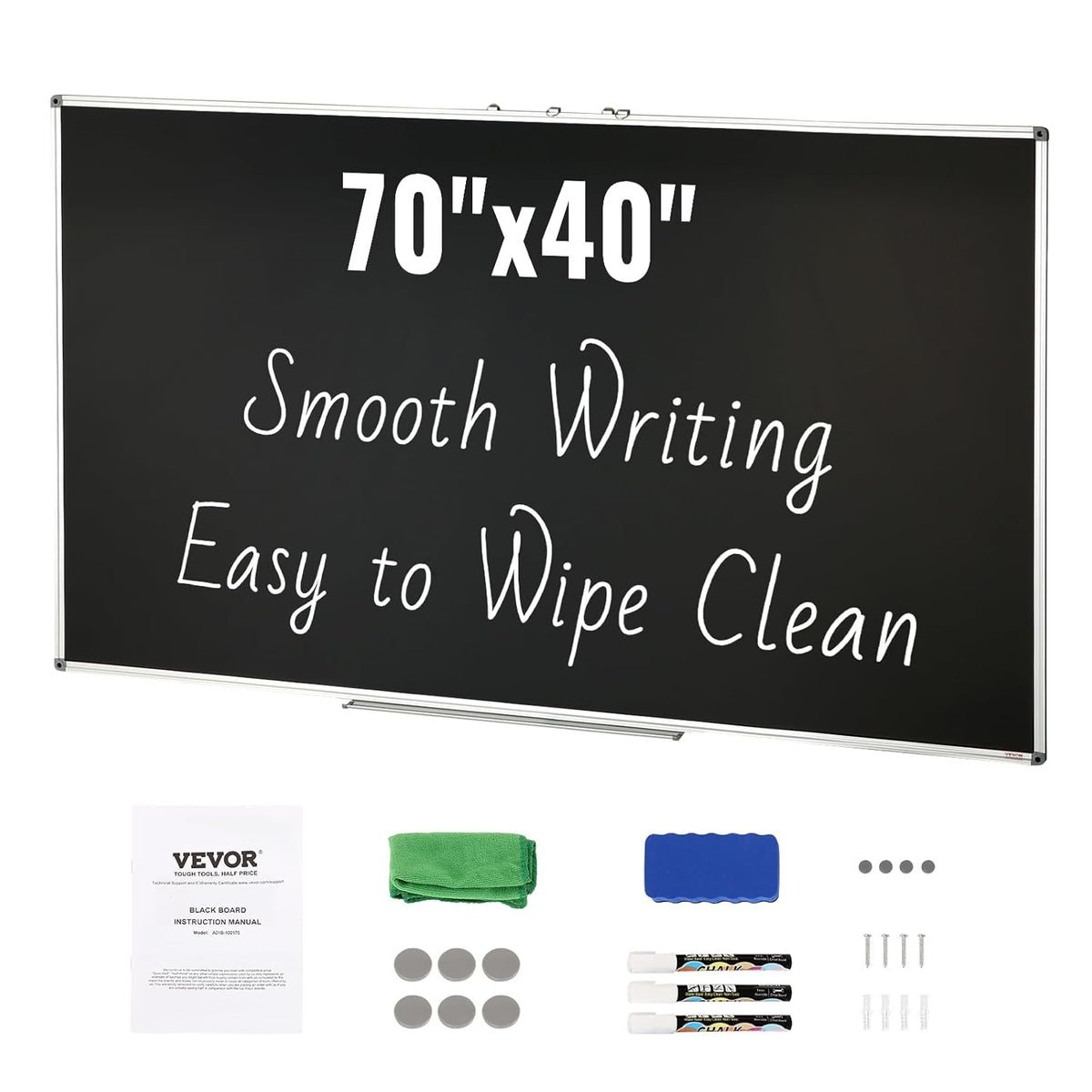 VEVOR Zwart bord, 177,8 x 101,6 cm groot schoolbord met aluminium frame, zwarte planken droog wissen inclusief 1 magnetische wis- en 3 droogwismarkeringen, zwart oppervlak, voor kantoor, thuis en op
