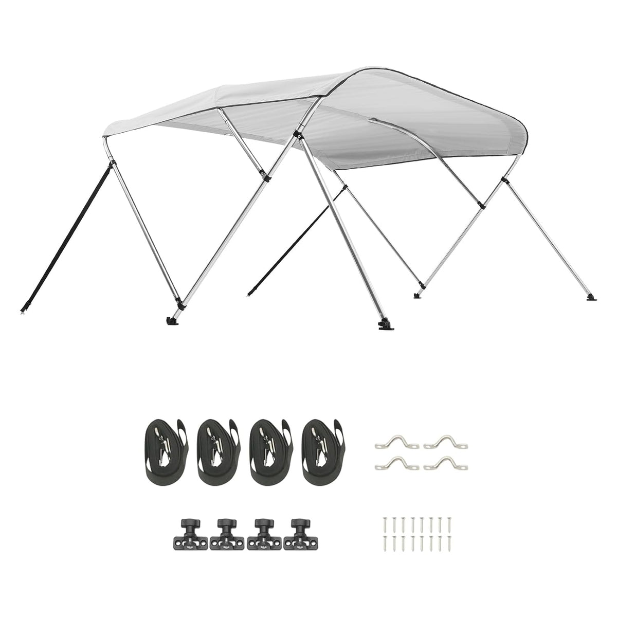 VEVOR Bimini-tops met 3 bogen, 600D polyester luifel met aluminium frame, waterdicht en zonnescherm bootluifel met opbergtas, 2 steunstangen, 4 riemen, 6'Lx (170-182 cm) Bx46 "H, lichtgrijs