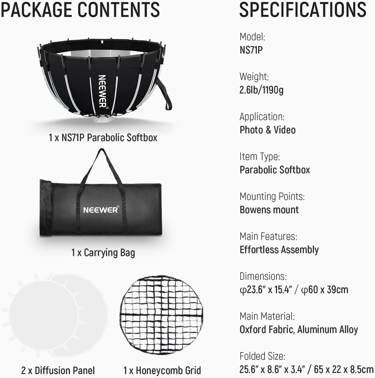 NEEWER Parabolic Softbox Kit, 23,6 inch Bowens Mount Soft Box met lichtdiffusors voor studiofotografie, video-opname, streamingverlichting, compatibel met Aputure 120d, compatibel met Godox SL60w