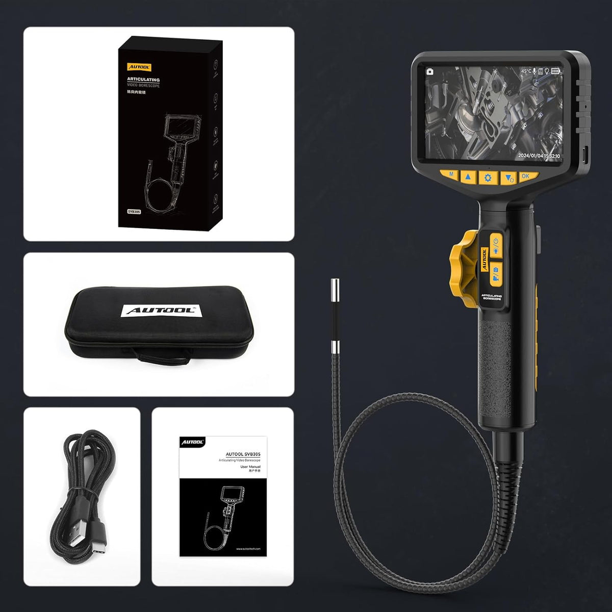 AUTOOL Twee-weg 210° endoscoopcamera met licht, 0,2 inch Borescope inspectiecamera, 5 inch 1080P scharnierende Borescope met LED-licht 3FT flexibele kabel, 32GB SD-kaart