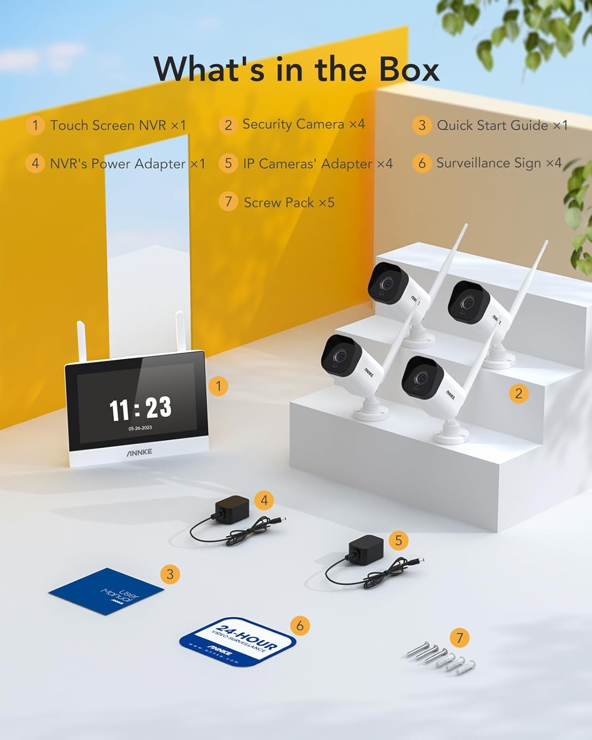 ANNKE Draadloos Beveiligingscamerasysteem, 7" LCD-monitor, 4CH WiFi-bewaking IPS-touchscreen met 4× 3MP IP Cameras, 30m nachtzicht, tweerichtingsaudio, bewegingsdetectie, 128GB SD-kaart inbegrepen