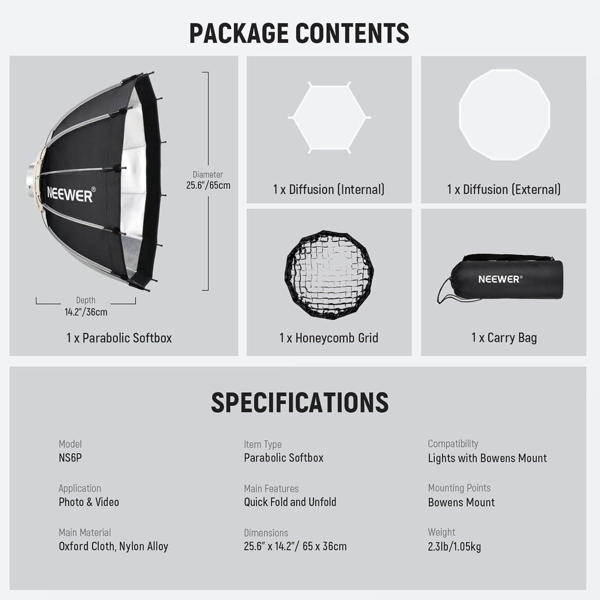 Parabolische Softbox 12-Zijdig – Soft Box – Studio Softbox – Fotografie Softbox – Videolicht Softbox – 65 x 36 cm – 2 Diffusers + Honingraatrooster