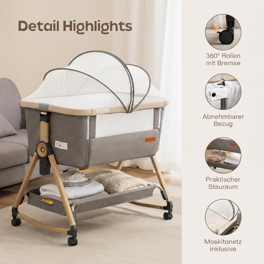 Maydolly Baby Cot,Baby Co-sleeper, 3 in 1 Cots, Bedroom Crib,Cot,High Quality Mattress ech Height Adjustment and Incline Adjustment, 4 Casters with Brake(Grey) - QUORE