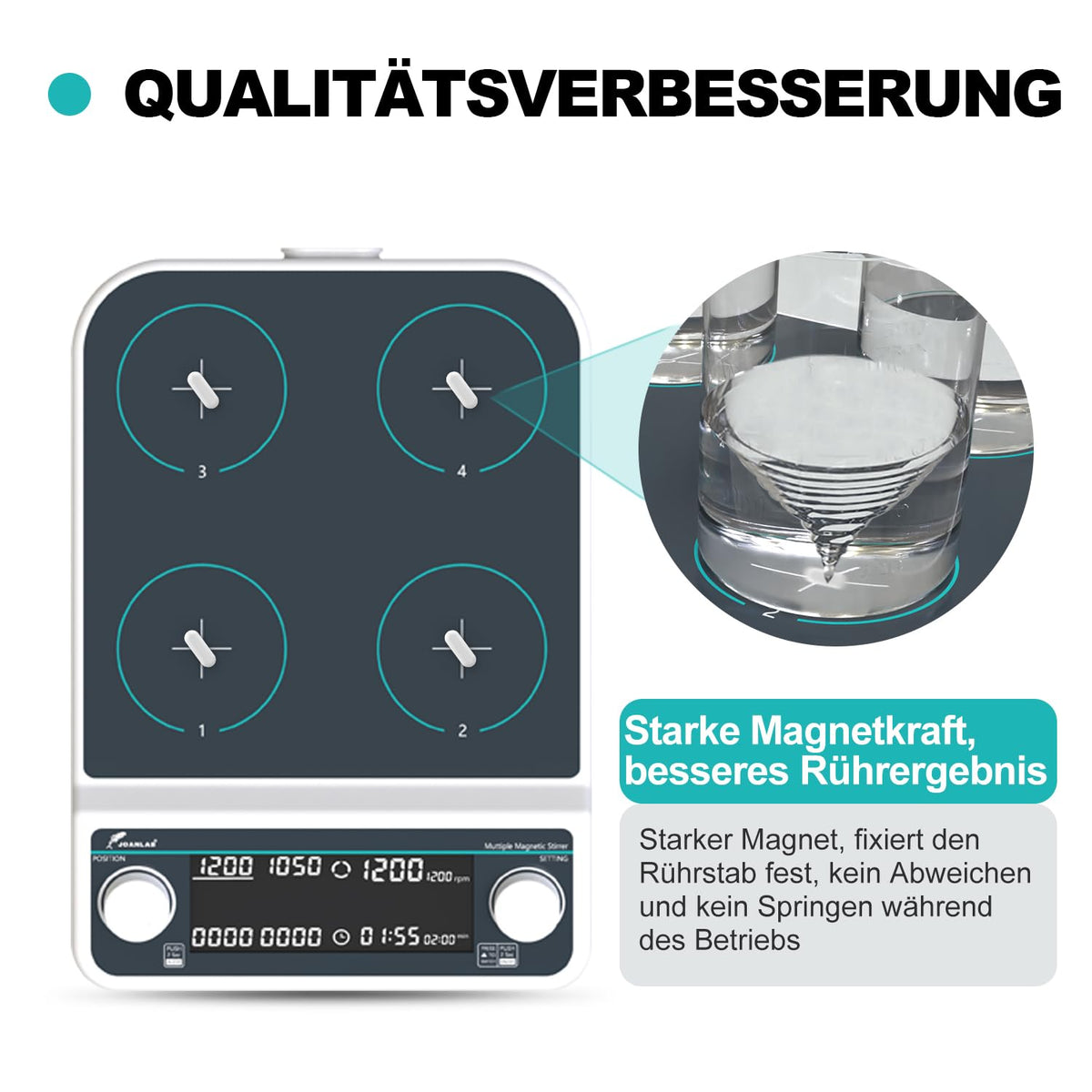 JOANLAB Magneetroerder, digitaal, 4-voudig, met sync/Async-functie, 50-1500 omw/min, timer, 4 x 500 ml, voor laboratorium (MMS-4PRO)