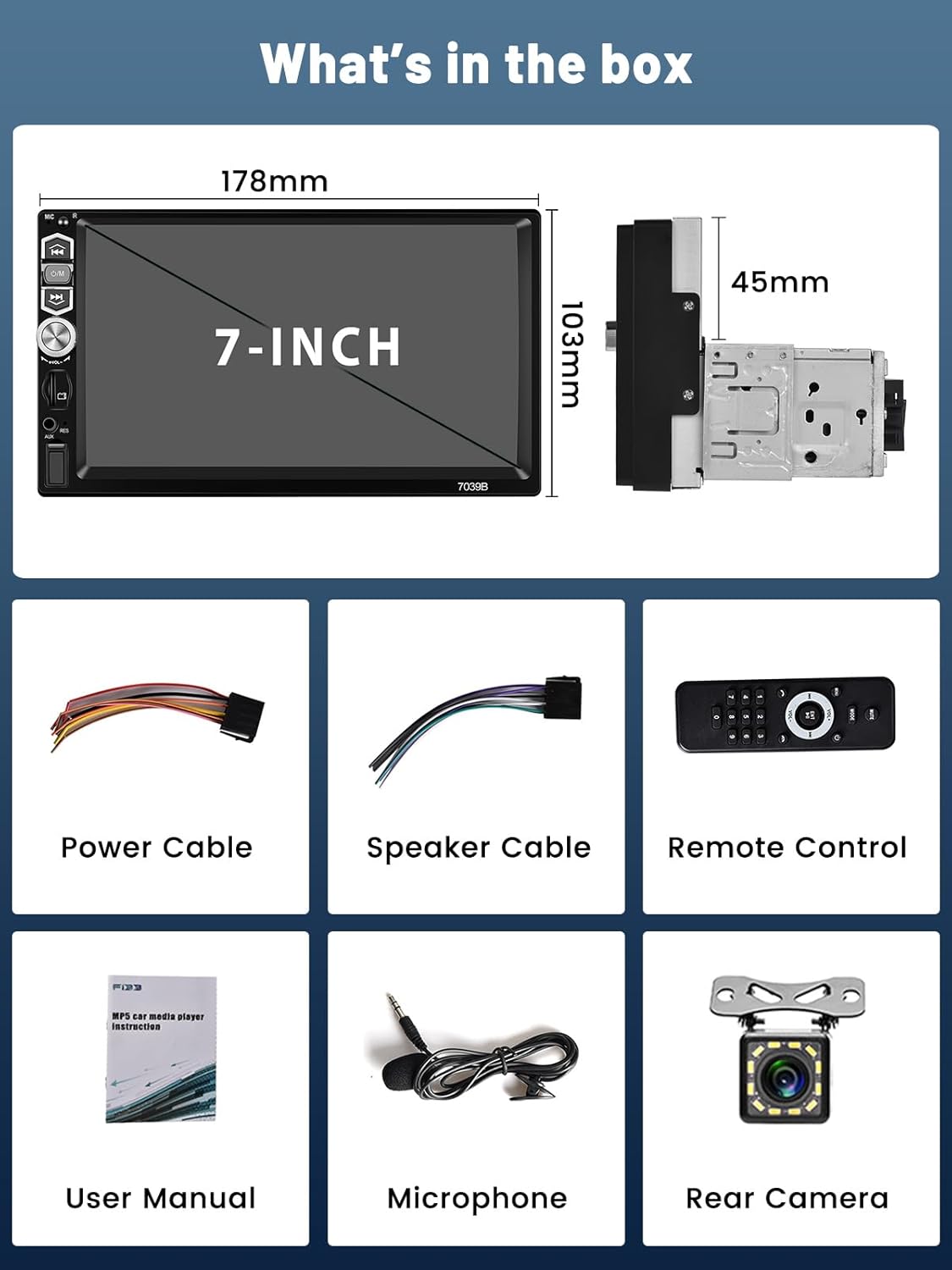 Hikity Autoradio, 1 Din met beeldscherm, draadloze CarPlay Android auto, 7 inch HD touchscreen, stereo, auto, bluetooth, 1 Din met Mirror Link FM-radio, USB TF AUX SWC, achteruitrijcamera + microfoon