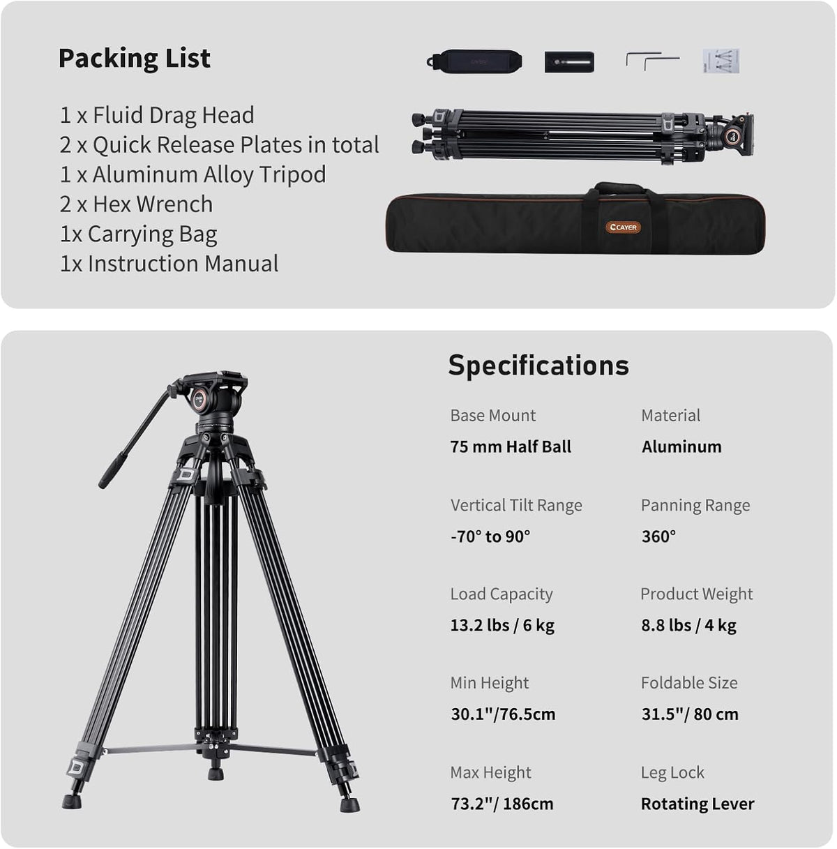 Videostatiefsysteem – Videostatief – Camerastatief – Driepoot – Statief Met Vloeistofkop – 72 Inch – Dubbele Buis Van Sterk Aluminium