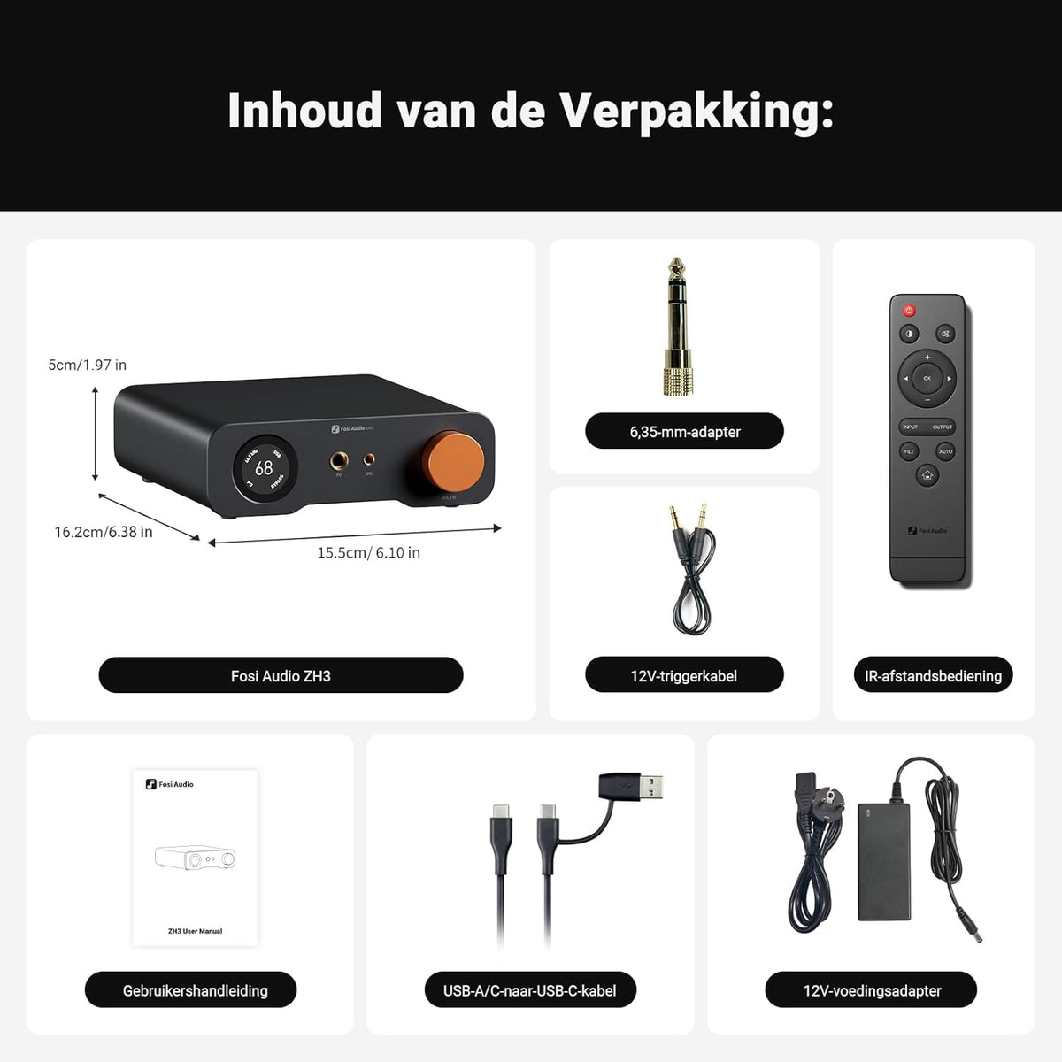 Fosi Audio ZH3 DAC-hoofdtelefoonversterker, Volledig Symmetrisch Voorversterker met AKM4493SEQ XMOS XU316 PCM 768 kHz voor Versterkers, USB/OPT/COAX/RCA/12V Trigger-in, XLR/RCA/4,4mm/6,35 mm-uit.