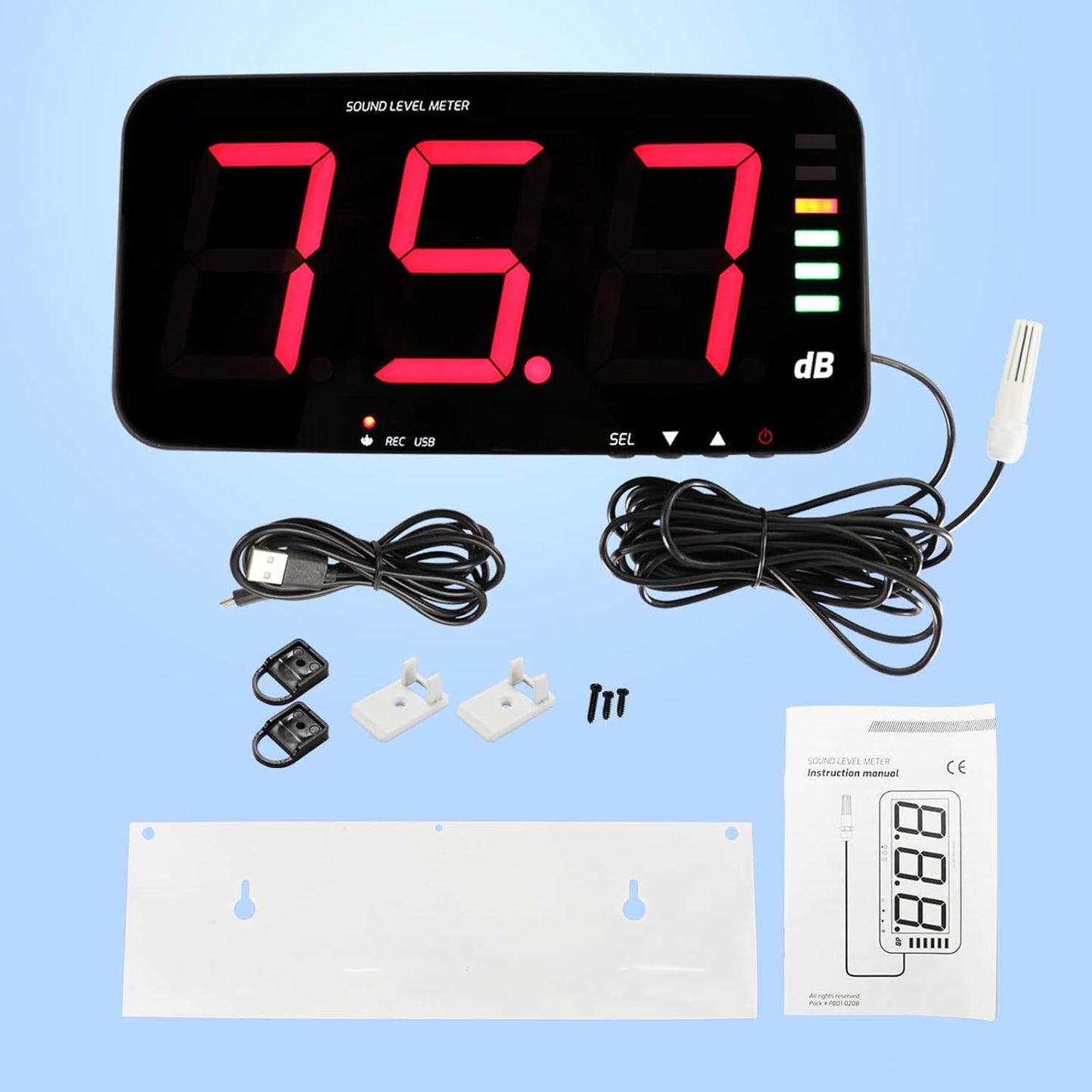 Digitale Geluidsniveaumeter 30~130dB Geluidsmeting Decibelmeter 13" HD Breedbeeldscherm Wandgemonteerd met Datalogfunctie en Geluidsalarm