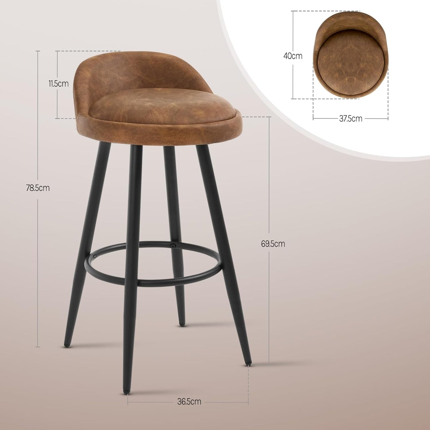 Barkruk Set van 2 - Stoel - Kleine stoel - Keukenstoel - 37,5 cm x 34 cm - Bruin
