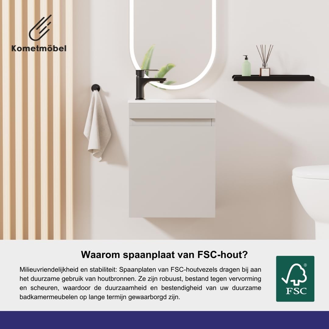 washbasin with base cabinet 40 cm pre-assembled small (cashmere, With mirror) - QUORE