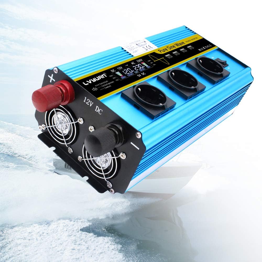 Pure Sine Wave Inverter Power Inverter 2500W / 5000W DC 12V naar AC 230V / 240V converter met LCD-display 3 EU-uitgangen & 4 USB-poortinverter voor auto Caravan RV kampeerboot