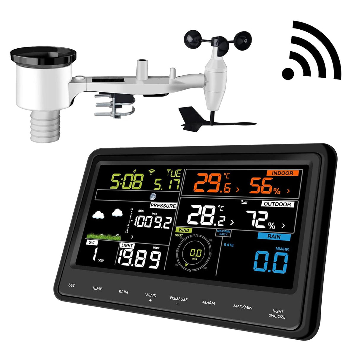 Ecowitt Weerstation met wifi, professioneel digitaal weersvoorspellingsstation met groot kleurendisplay, 7-in-1 sensor, werkt op zonne-energie, voor binnen, 3-in-1, geïntegreerde sensor, WS2910