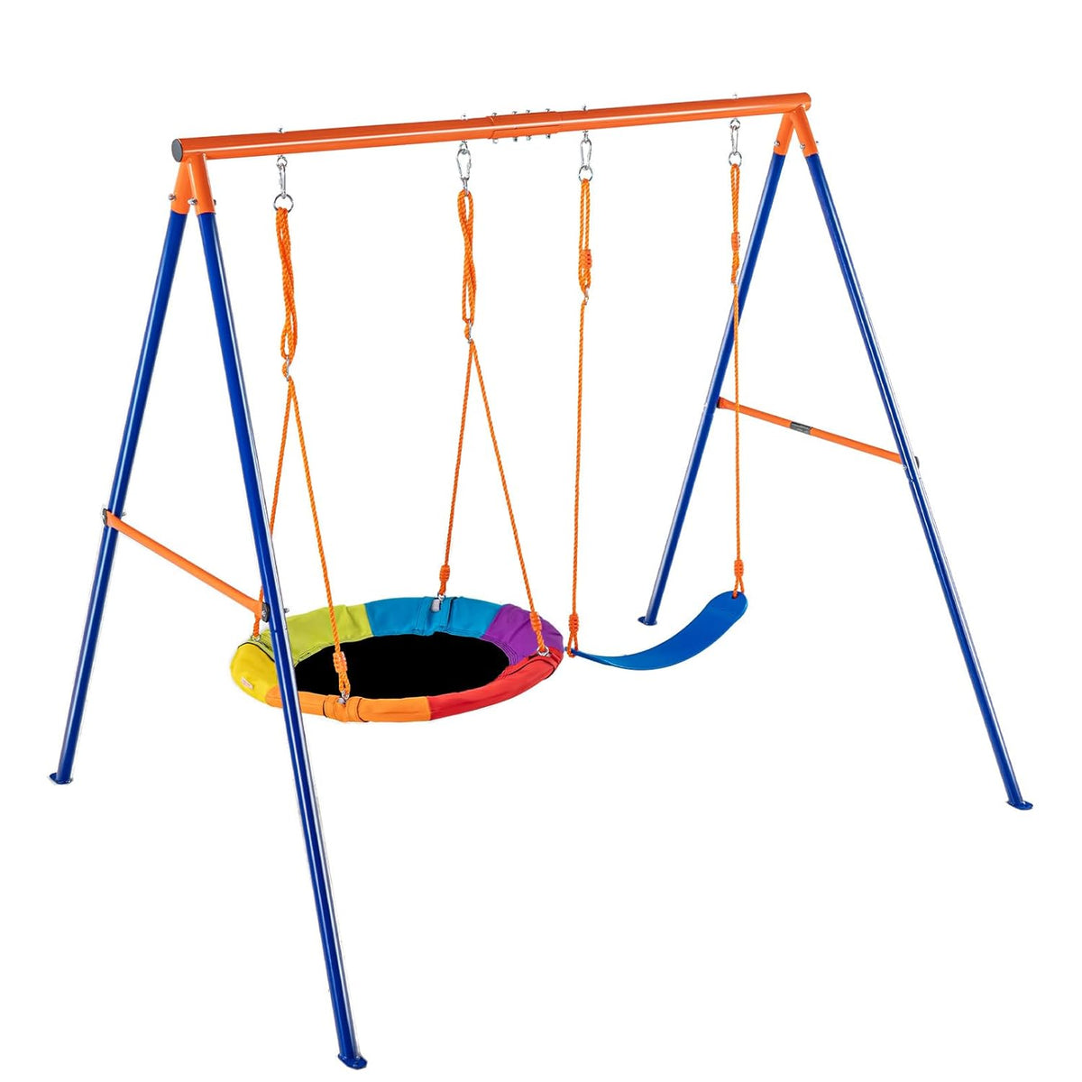 VEVOR JX-SW02 Achtertuin, 420 lbs draagvermogen, set met 1 schotel, 1 gordelstoel, robuuste A-frame metalen schommelstandaard en verstelbaar touw, schommelset voor buiten, blauw