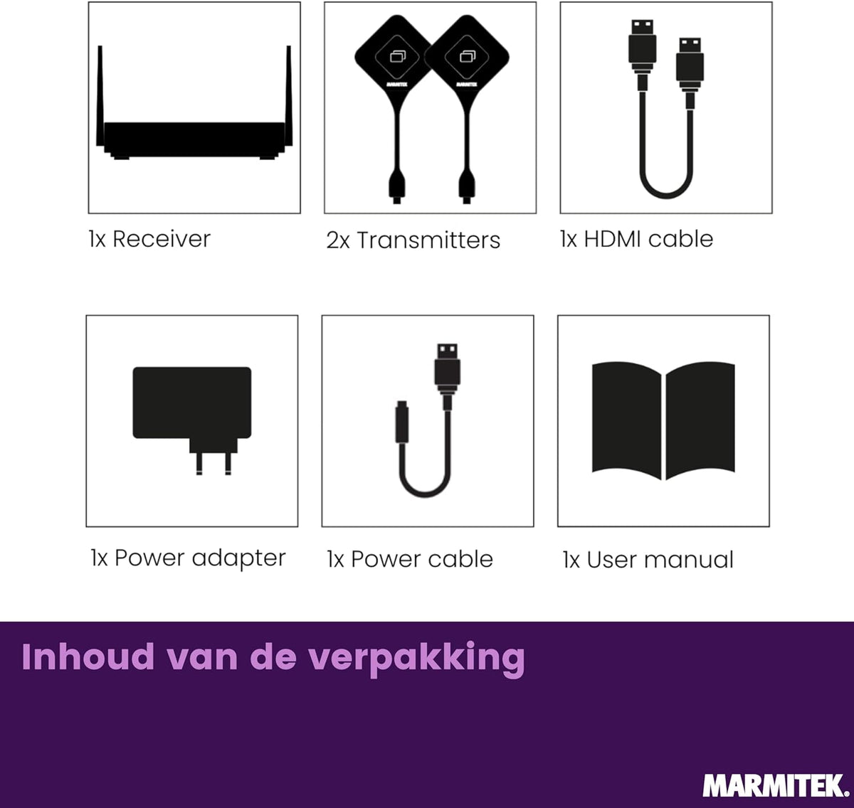 Draadloos 4K HDMI presentatiesysteem Marmitek Stream 4K Pro KIT 2TX/1RX - 2 USB-C dongles voor one-click schermdelen - split screen, touchback, PoE, dual HDMI - BYOD vergaderruimte