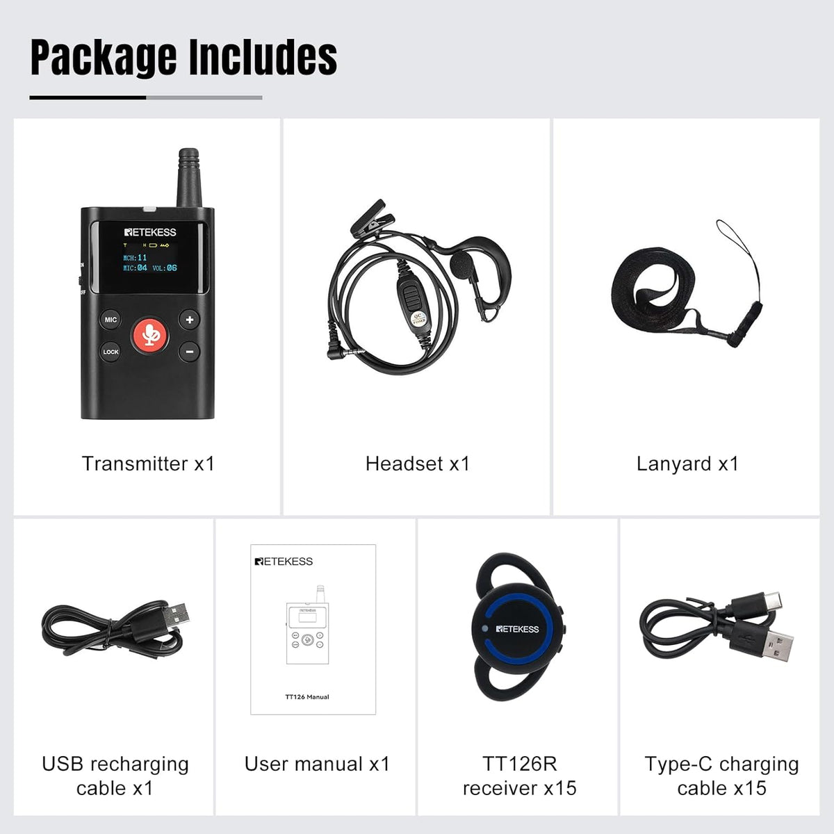Retekess TT126R Tweeweg Audiogeleidingssysteem, 280m full Duplex Oorhaak Mini-ontvanger, Draadloos Communicatiesysteem voor Paardensporttraining, VIP-Receptie (1 Zender 15 Ontvangers)