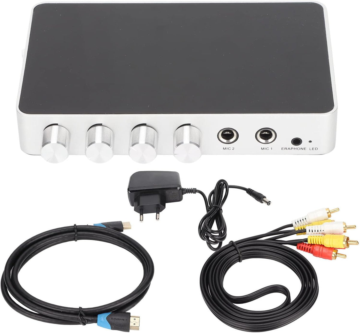 Karaoke-mixerversterker, HDMI-mixer 4K 1080P Karaoke-mixermicrofoonversterker Instelbaar Geluid, met HDMI AV 3.5-geluidsmicrofoon, voor Android TV-boxen, Dvd-spelers(EU)