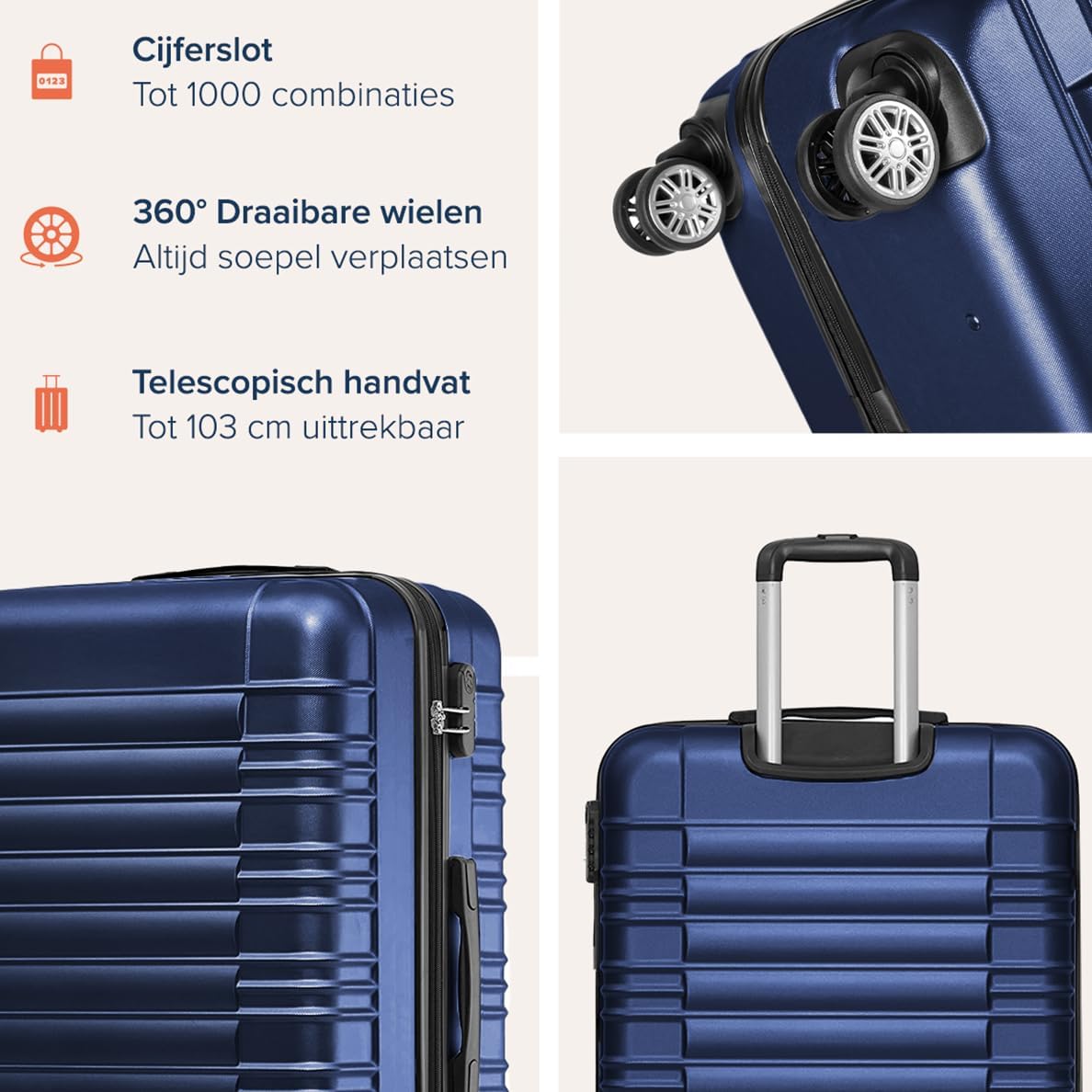 TRVLMORE Kofferset - 3 Delig - 38L Handbagage + 110L Ruimbagage - Lichtgewicht - Trolley - Reiskoffer Set - Donkerblauw