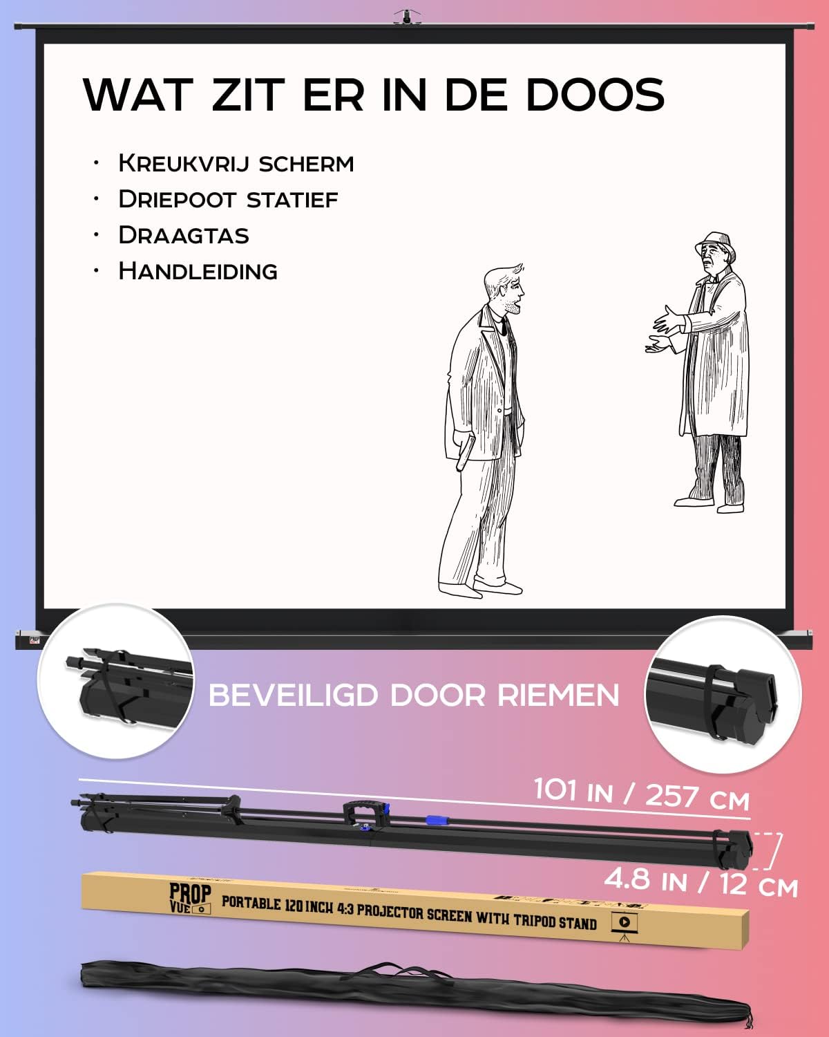 PropVue Projectiescherm met standaard, 100-120 inch (ca. 254-305 cm) projectiescherm voor binnen en buiten, voor film- of kantoorpresentatie, instelbaar van 16:9 tot 4:3, HD-premium kreukvrij statiefscherm