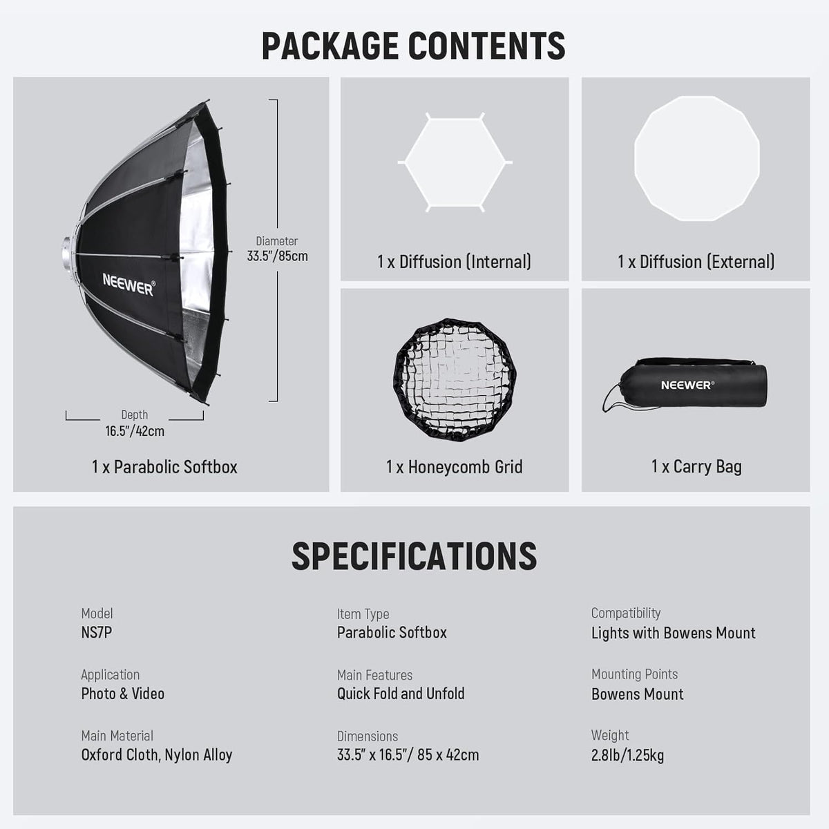 Parabolische Softbox – Softbox – Lichtmodifier – Studio Softbox – Bowens Mount – Twaalfzijdig Quick Release Ontwerp – 85 x 42 cm Met 2 Diffusers En Honingraatrooster