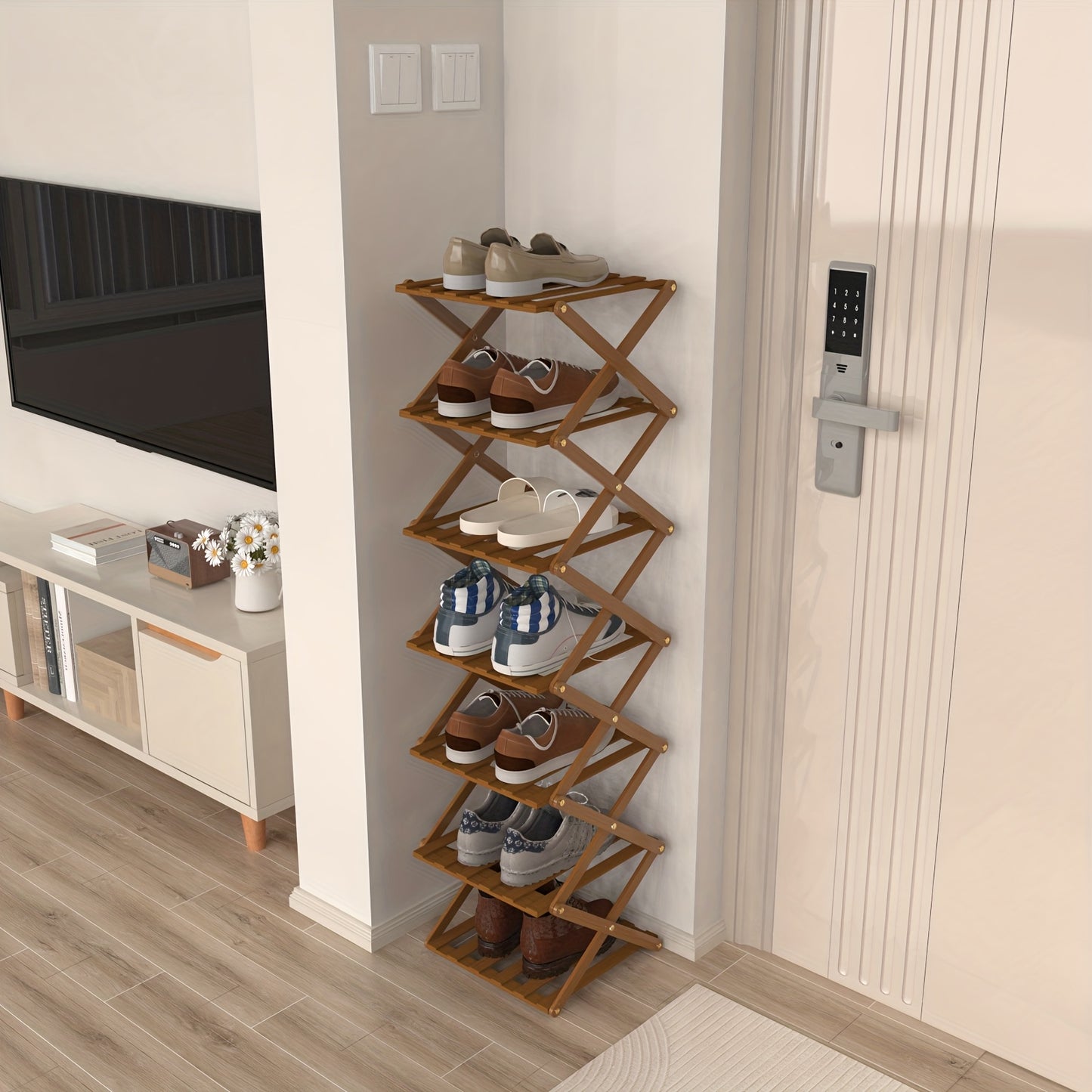 Schoenenrek – Schoenenkast – Schoenenopberger – Hal Organizer – Schoenenbank – 7 Lagen – Smal Verticaal Design – Bamboe & Kunststof – Vrijstaand Zonder Montage – 25x25x125 cm