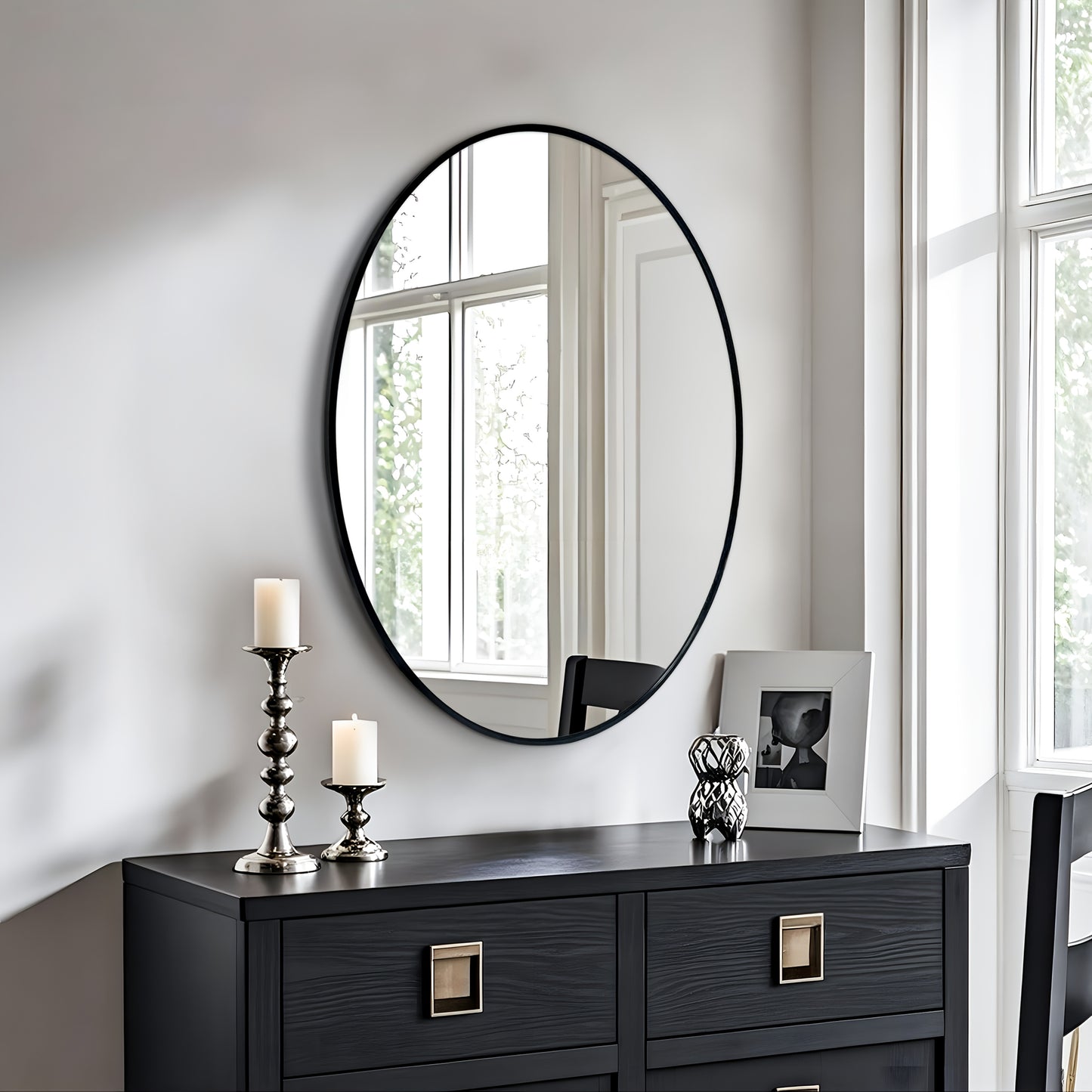 Large Black Oval wall mirror - Elegant Modern Bathroom & Living Room Mirror with Brushed Aluminum Frame, Anti-Rust -Deformation, HD Clear Glass - for Entryway, Bedroom, Hallway, Over Sink - Easy Mounting (60x80cm/70x90cm) - H