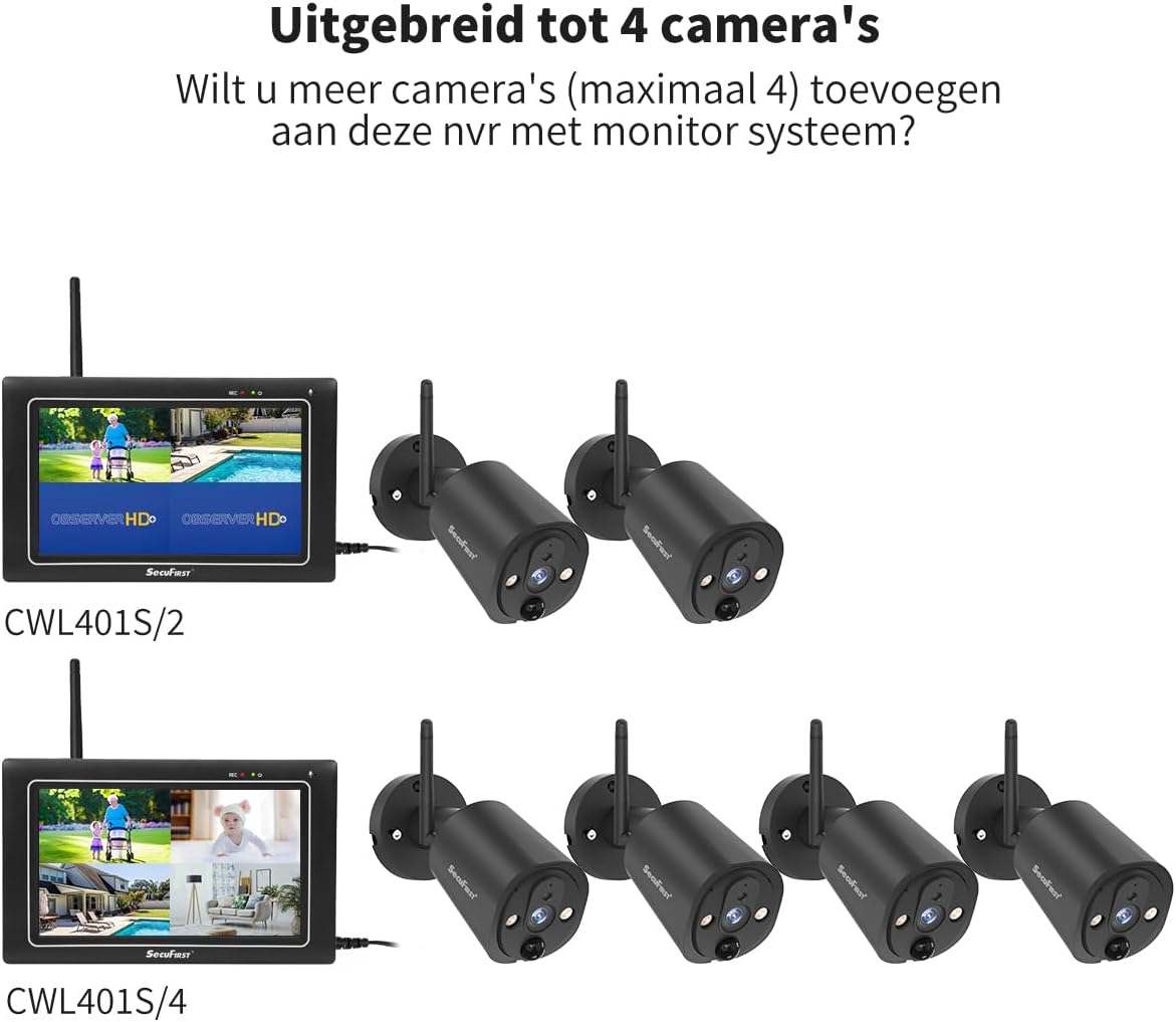 SecuFirst 2K Beveiligingscamera Buiten met Binnenmonitor Draadloos, 7" Touch Screen NVR + 2X Outdoor Camerabewaking Babyfoon Werken zonder Wi-Fi, AI Bewegingsdetector, 64GB SD-kaart.Intercom.