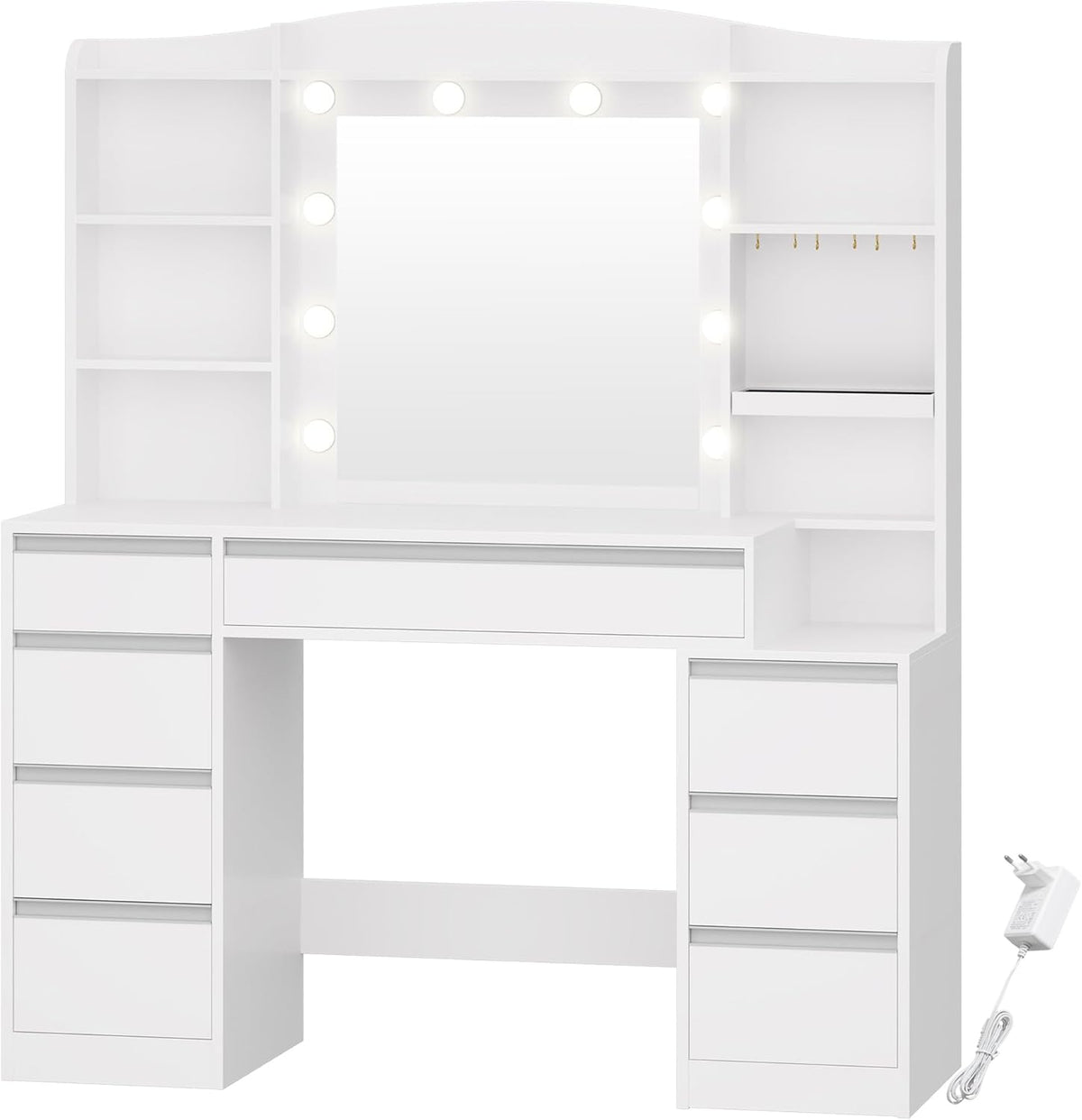 Hzuaneri Makeup table with 8 drawers, large mirror with RGB LED lighting, integrated jewellery shelf, 100 cm wide worktop with bedside table, white DT41103XEU