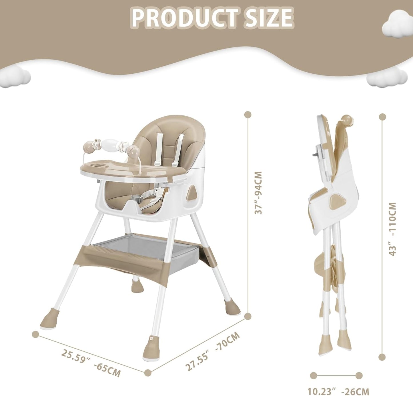 Opvouwbare Kinderstoel - Met Grote Antislipmat en Speelgoedrek - 6 Maanden en zouder - Khaki