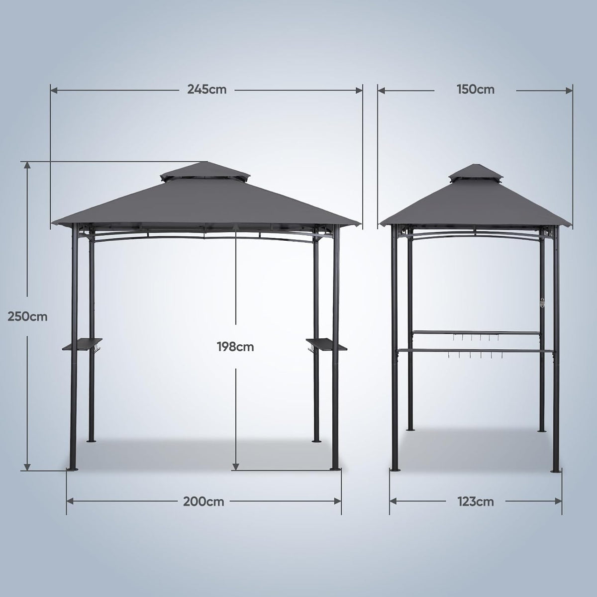 Sekey Grillpaviljoen, 2,45 x 1,50 m, waterdicht, tuintent, partytent voor tuin, feest, picknick, barbecue, uv-bescherming 50+, grijs