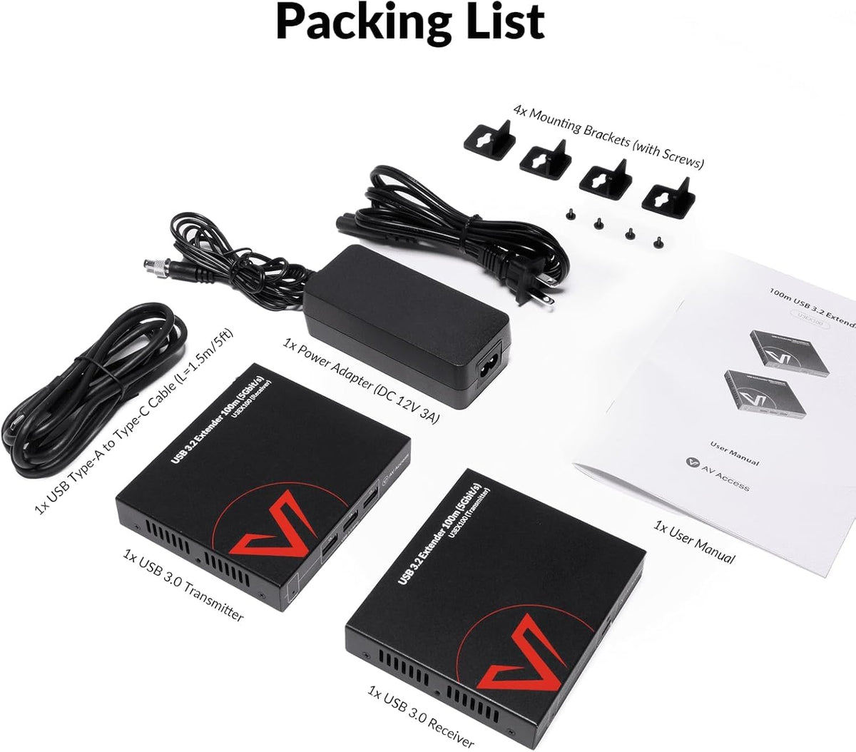 AV Access USB 3.0 Extender over Cat6a/7 100M/328FT - 4 USB-C Input Ports, Plug and Play, No Driver for All Operating Systems, Keyboard and Mouse over Ethernet